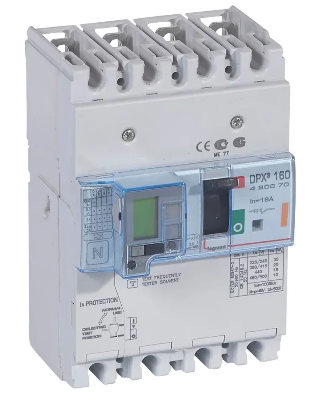 Disjoncteur magnétothermique différentiel DPX³160 pouvoir de coupure 25kA 400V~ – 4P – 16A — Legrand — 420070