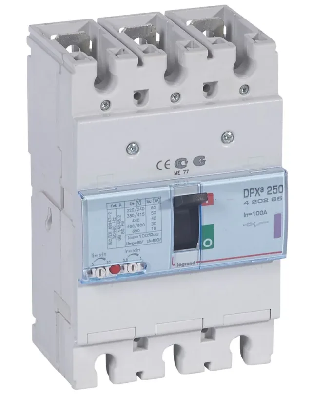 Disjoncteur magnétothermique DPX³250 pouvoir de coupure 50kA 400V~ – 3P – 100A — Legrand — 420265