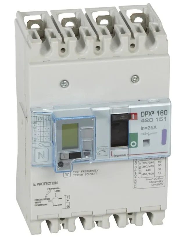 Legrand DPX³ 160 thermal-magnetic moulded-case circuit breaker — 25A, 4 poles, 50kA Icu at 400V, IP30 — 420151
