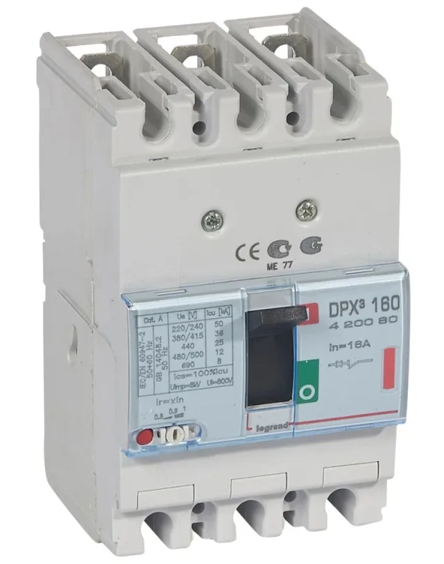 Legrand DPX³ 160 thermal-magnetic moulded-case circuit breaker — 16A, 3 poles, 36kA Icu at 400V, IP30 — 420080
