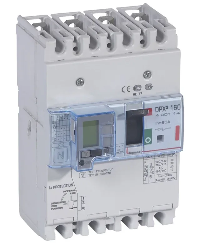 Disjoncteur magnétothermique différentiel DPX³160 pouvoir de coupure 36kA 400V~ – 4P – 80A — Legrand — 420114