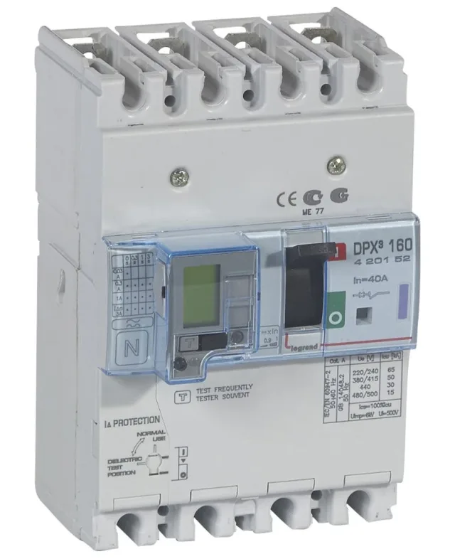 Disjoncteur magnétothermique différentiel DPX³160 pouvoir de coupure 50kA 400V~ – 4P – 40A — Legrand — 420152