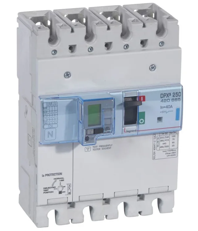 Legrand DPX³ 250 electronic moulded-case circuit breaker — 40A, 4 poles, 70kA Icu at 400V, IP30 — 420685