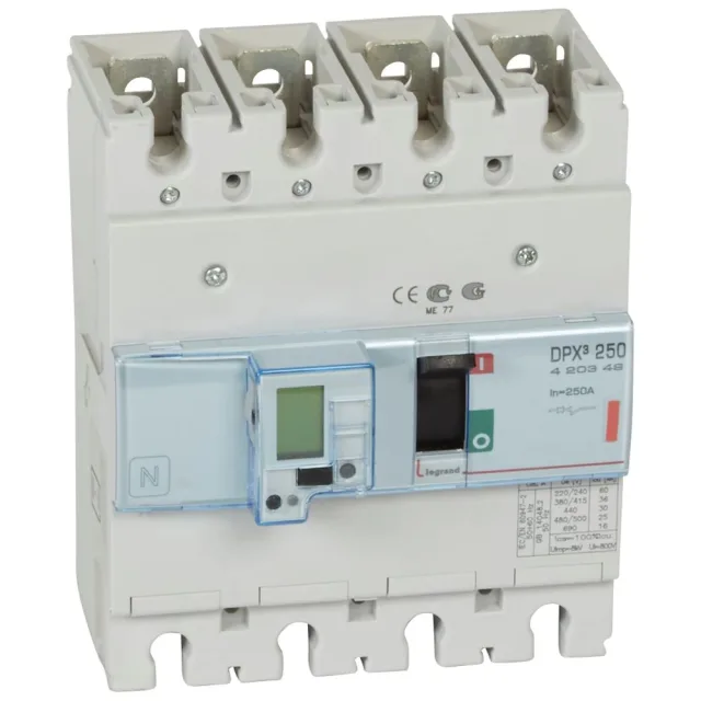 Legrand DPX³ 250 electronic moulded-case circuit breaker — 250A, 4 poles, 36kA Icu at 400V, IP30 — 420349