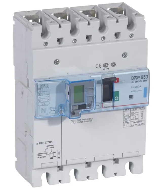 Disjoncteur magnétothermique différentiel DPX³250 pouvoir de coupure 70kA 400V~ – 4P – 200A — Legrand — 420628