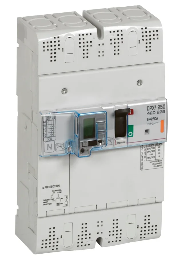Legrand DPX³ 250 thermal-magnetic moulded-case circuit breaker — 250A, 4 poles, 25kA Icu at 400V, IP30 — 420229