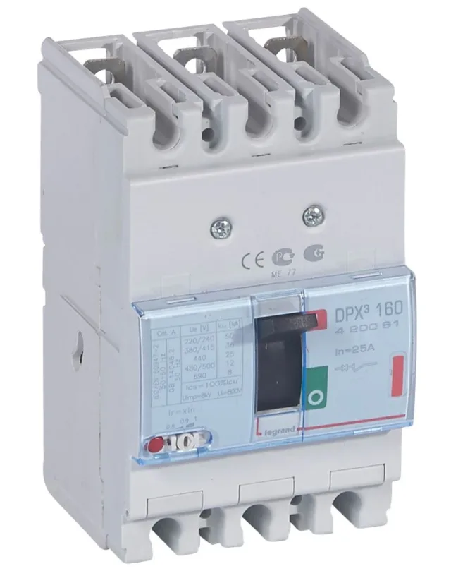 Disjoncteur magnétothermique DPX³160 pouvoir de coupure 36kA 400V~ – 3P – 25A — Legrand — 420081