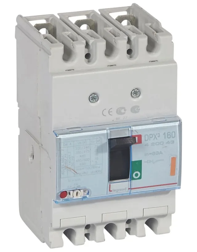 Legrand DPX³ 160 thermal-magnetic moulded-case circuit breaker — 63A, 3 poles, 25kA Icu at 400V, IP30 — 420043