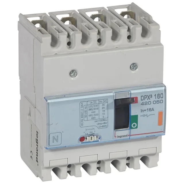 Legrand DPX³ 160 thermal-magnetic moulded-case circuit breaker — 16A, 4 poles, 25kA Icu at 400V, IP30 — 420050