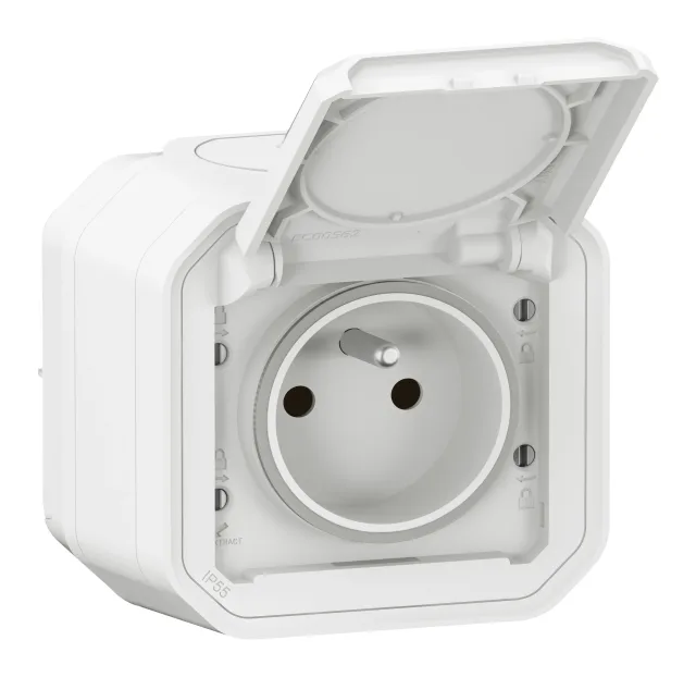 Prise de courant 2P+T étanche Plexo 16A 250V IP55 IK08 livrée complète pour fixation saillie – blanc — Legrand — 069781L