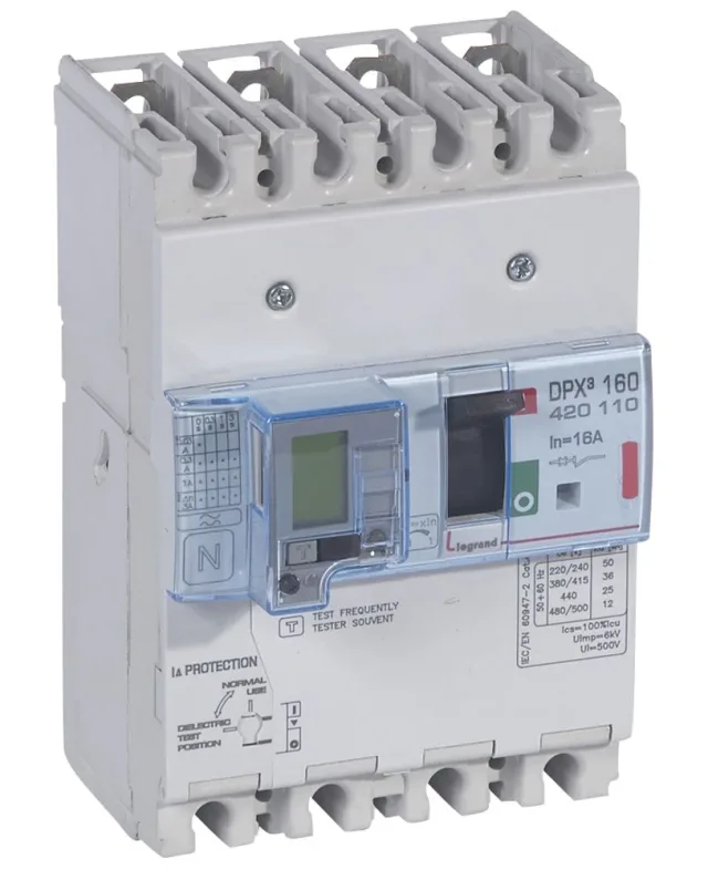 Legrand DPX³ 160 thermal-magnetic moulded-case circuit breaker — 16A, 4 poles, 36kA Icu at 400V, IP30 — 420110