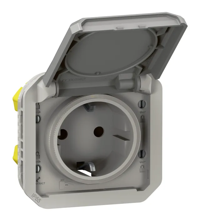 Prise de courant 2P+T Plexo 16A – standard schuko – avec enjoliveur Gris — Legrand — 069570L