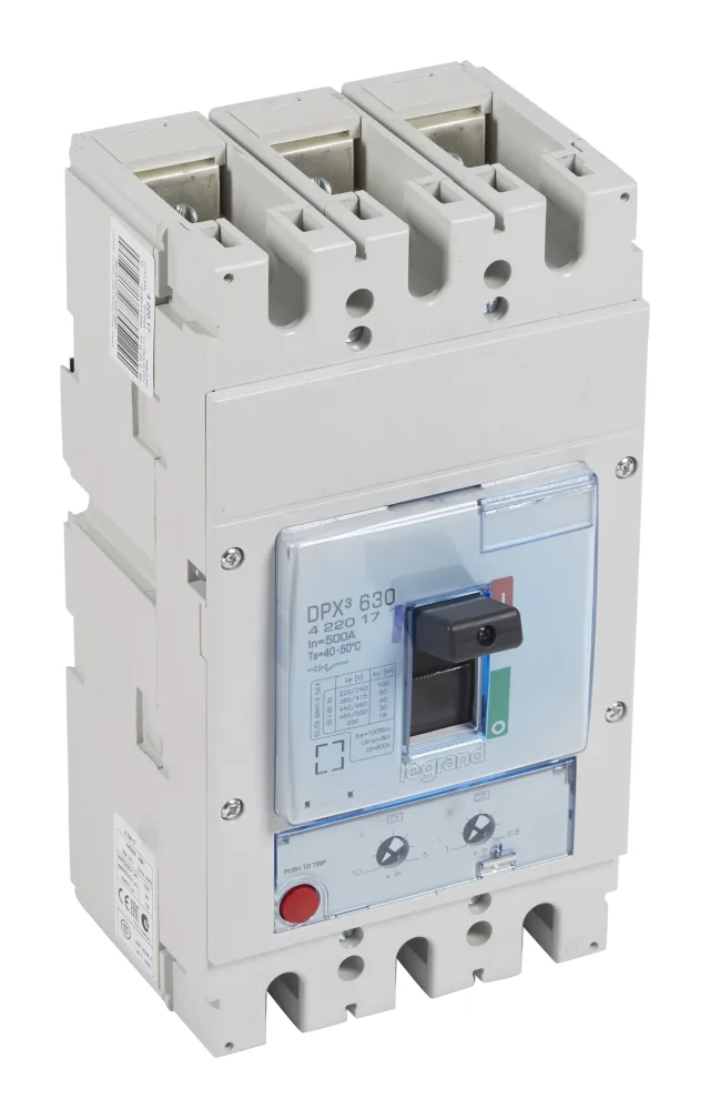 Legrand DPX³ 630 thermal-magnetic moulded-case circuit breaker — 500A, 3 poles, 50kA Icu at 400V, IP30 — 422017