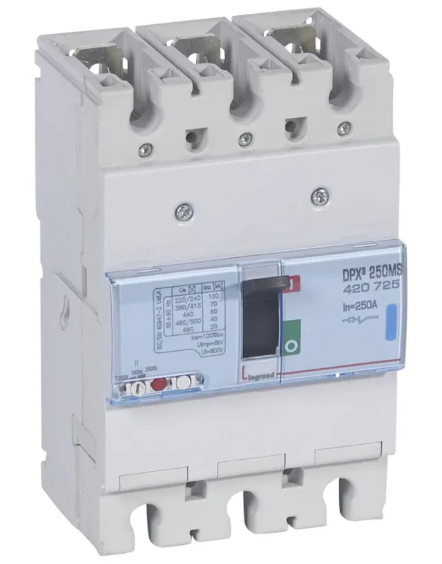 Legrand DPX³ 250 magnetic-only moulded-case circuit breaker — 250A, 3 poles, 70kA Icu at 400V, IP30 — 420725