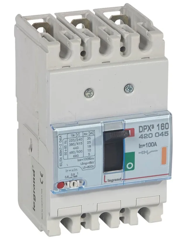 Legrand DPX³ 160 thermal-magnetic moulded-case circuit breaker — 100A, 3 poles, 25kA Icu at 400V, IP30 — 420045