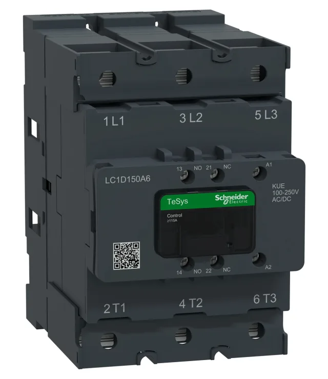 TeSys Deca Advanced LC1D150A6KUE contactor — 3P, 75 kW / 400 V, 100 to 250 V AC/DC control