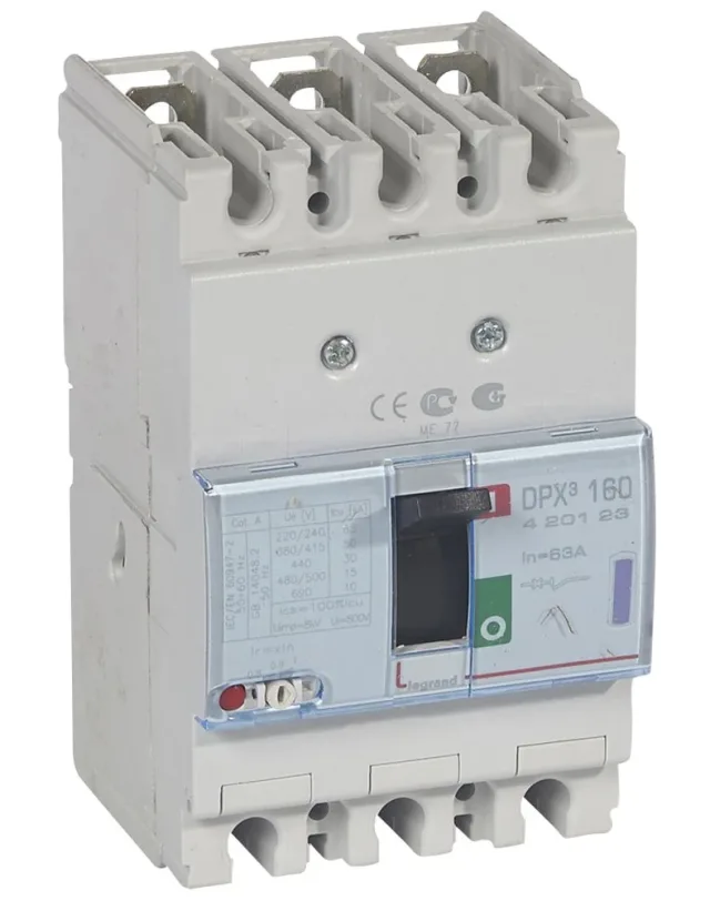 Legrand DPX³ 160 thermal-magnetic moulded-case circuit breaker — 63A, 3 poles, 50kA Icu at 400V, IP30 — 420123
