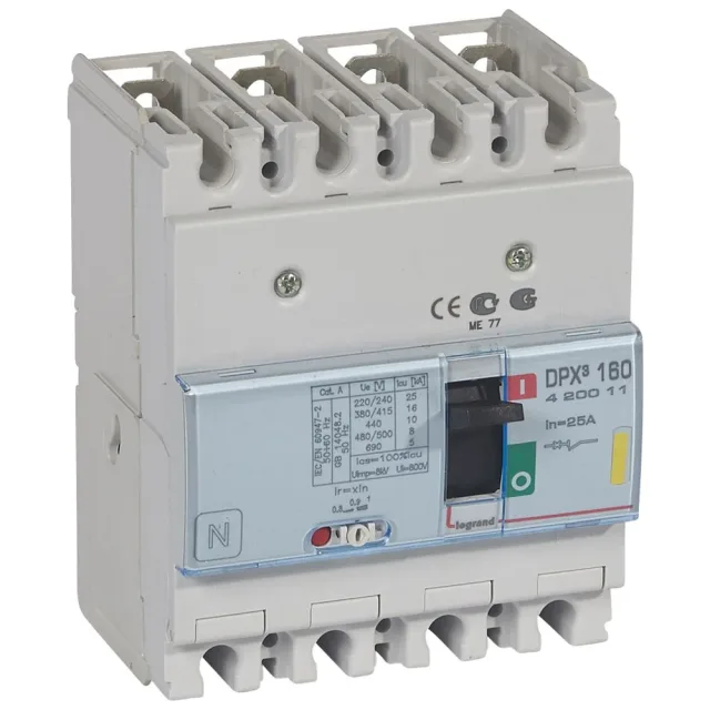 Disjoncteur magnétothermique DPX³160 pouvoir de coupure 16kA 400V~ – 4P – 25A — Legrand — 420011