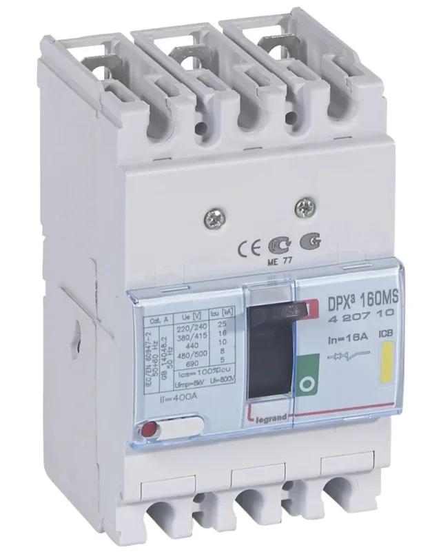 Legrand DPX³ 160 magnetic-only moulded-case circuit breaker — 16A, 3 poles, 16kA Icu at 400V, IP30 — 420710