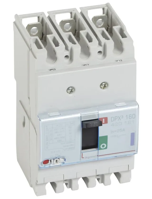 Legrand DPX³ 160 thermal-magnetic moulded-case circuit breaker — 25A, 3 poles, 50kA Icu at 400V, IP30 — 420121
