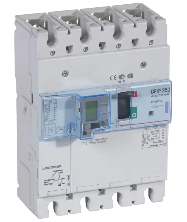 Legrand DPX³ 250 thermal-magnetic moulded-case circuit breaker — 200A, 4 poles, 50kA Icu at 400V, IP30 — 420288