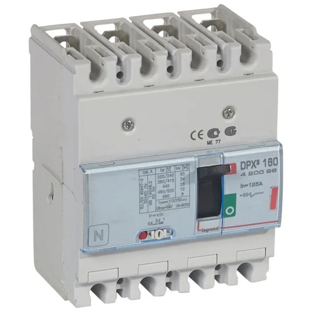 Legrand DPX³ 160 thermal-magnetic moulded-case circuit breaker — 125A, 4 poles, 36kA Icu at 400V, IP30 — 420096