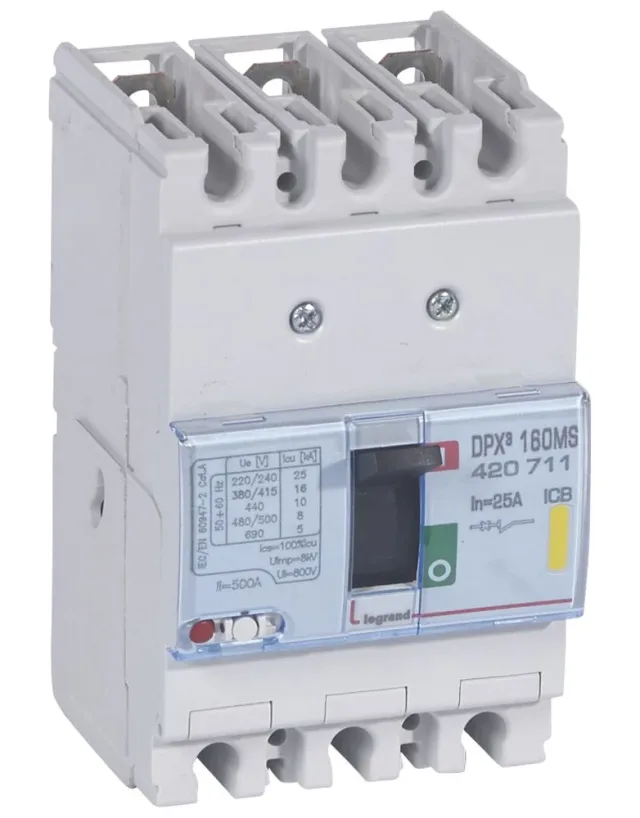 Legrand DPX³ 160 magnetic-only moulded-case circuit breaker — 25A, 3 poles, 16kA Icu at 400V, IP30 — 420711