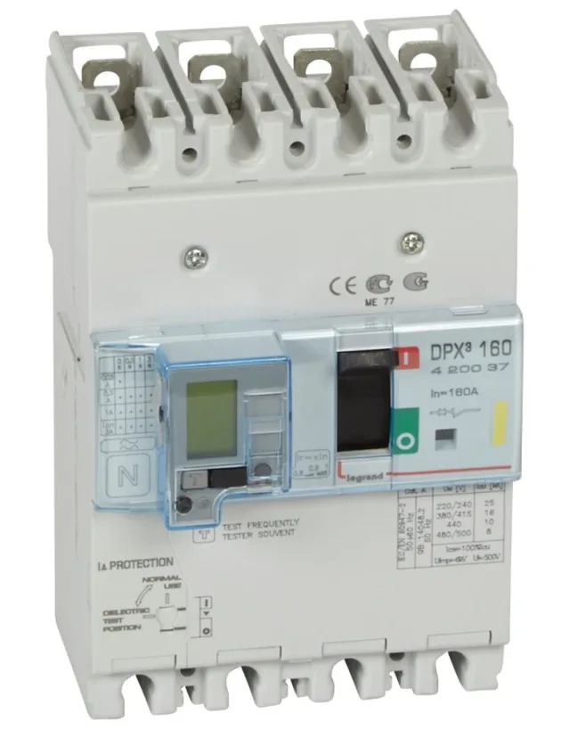 Legrand DPX³ 160 thermal-magnetic moulded-case circuit breaker — 160A, 4 poles, 16kA Icu at 400V, IP30 — 420037