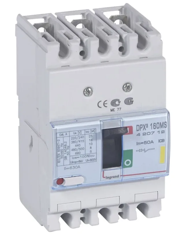 Legrand DPX³ 160 magnetic-only moulded-case circuit breaker — 50A, 3 poles, 16kA Icu at 400V, IP30 — 420712