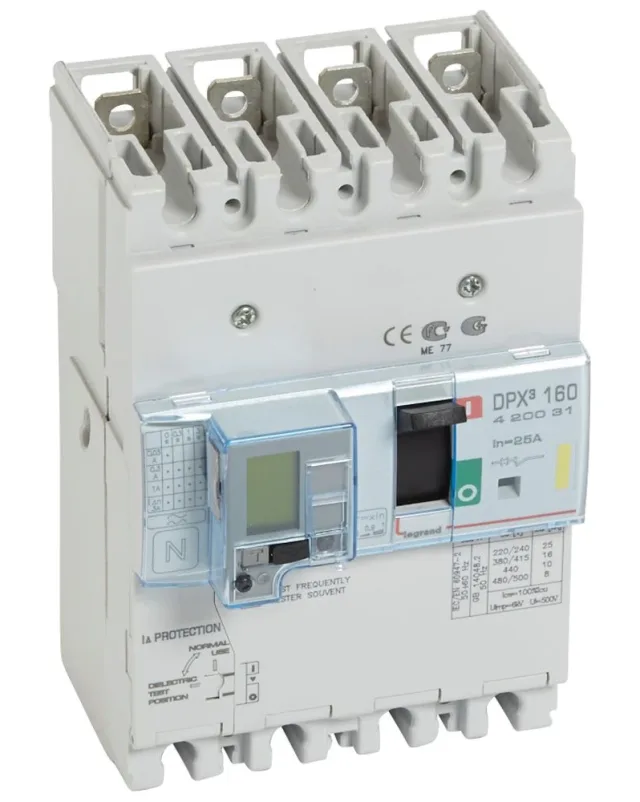 Disjoncteur magnétothermique différentiel DPX³160 pouvoir de coupure 16kA 400V~ – 4P – 25A — Legrand — 420031