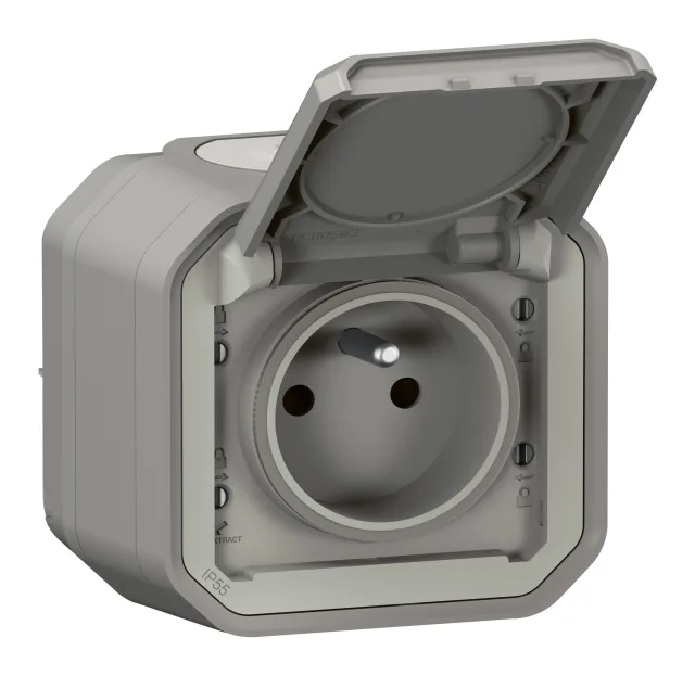 Prise de courant 2P+T étanche Plexo 16A 250V IP55 IK08 livrée complète pour fixation saillie – gris — Legrand — 069731L