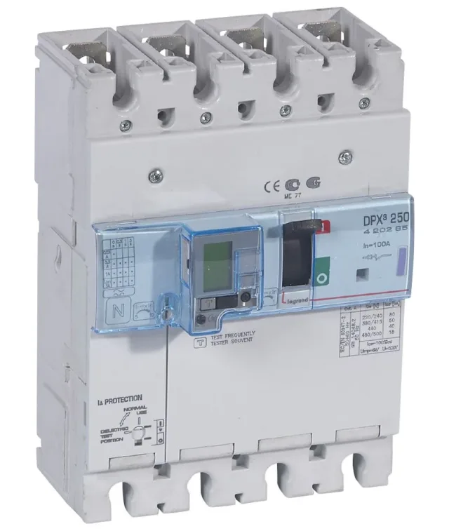 Legrand DPX³ 250 thermal-magnetic moulded-case circuit breaker — 100A, 4 poles, 50kA Icu at 400V, IP30 — 420285