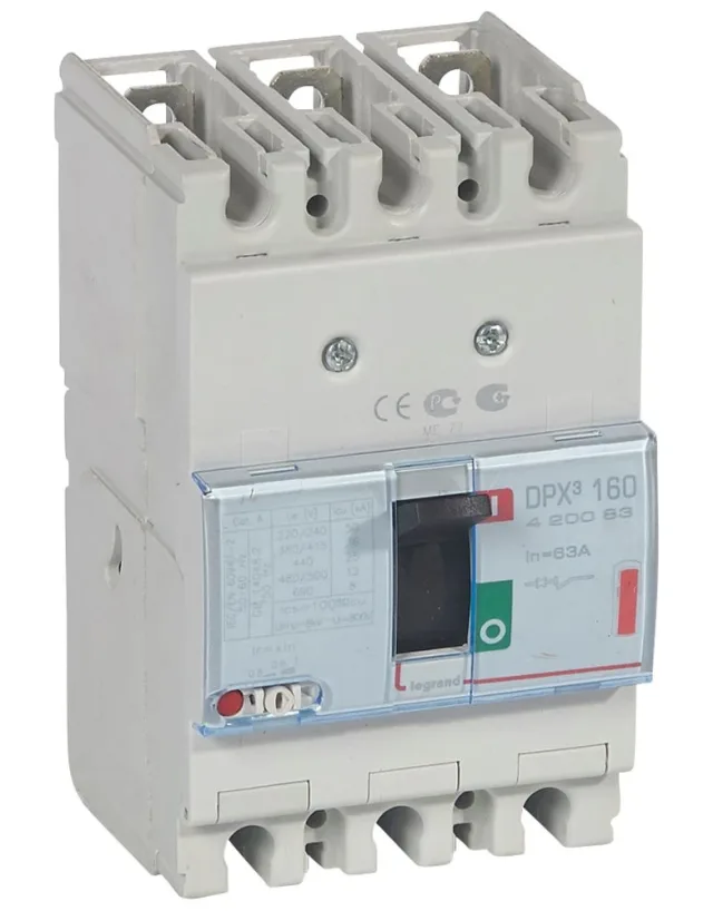 Legrand DPX³ 160 thermal-magnetic moulded-case circuit breaker — 63A, 3 poles, 36kA Icu at 400V, IP30 — 420083