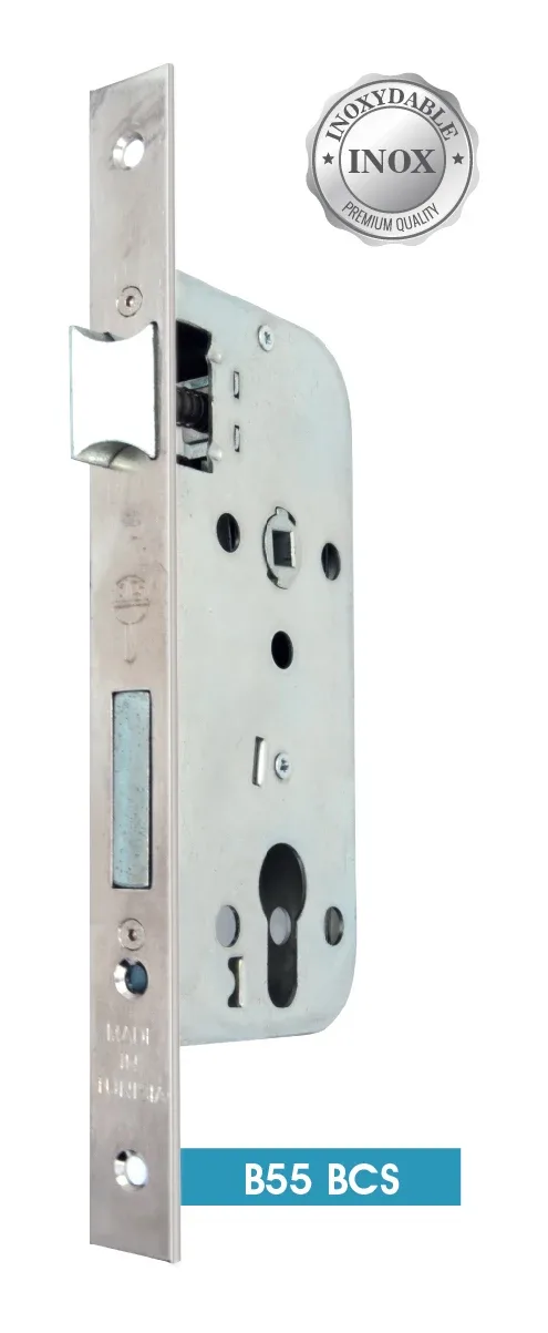 B55 BCS cylinder mortise lock — satin, square ends