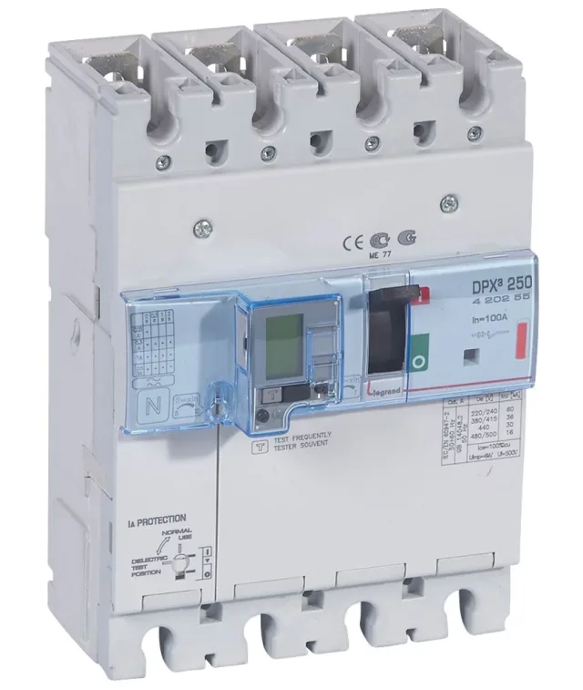 Legrand DPX³ 250 thermal-magnetic moulded-case circuit breaker — 100A, 4 poles, 36kA Icu at 400V, IP30 — 420255