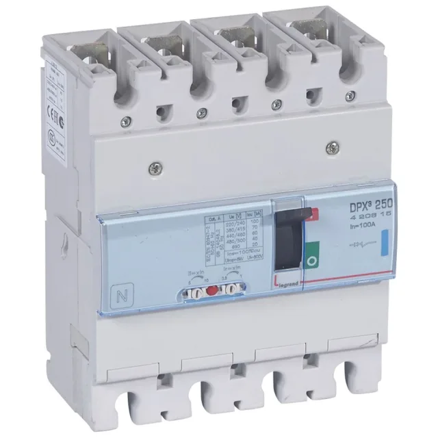 Legrand DPX³ 250 thermal-magnetic moulded-case circuit breaker — 100A, 4 poles, 70kA Icu at 400V, IP30 — 420615