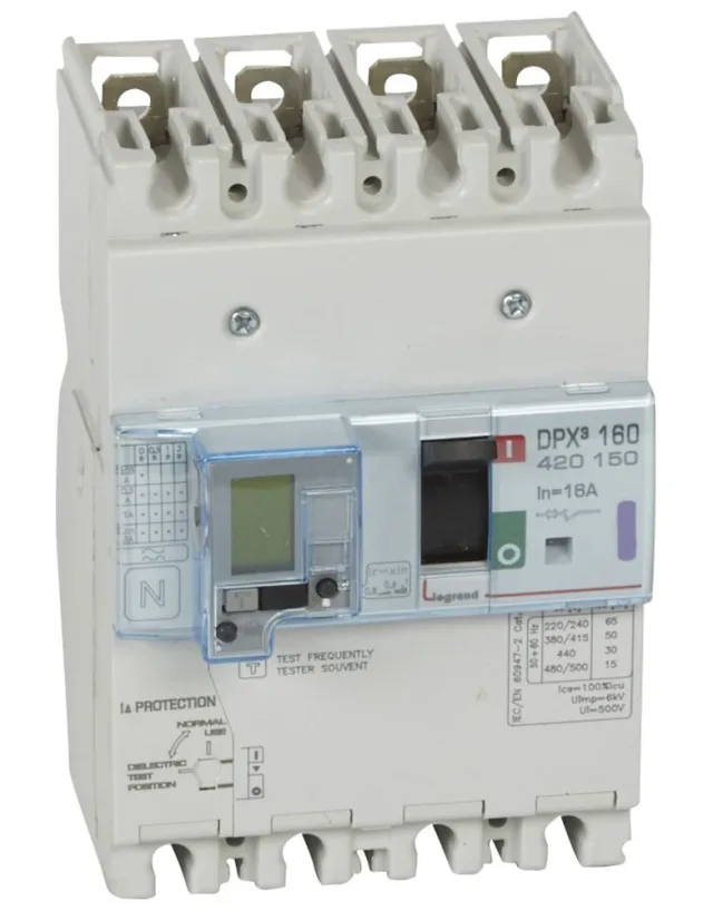 Legrand DPX³ 160 thermal-magnetic moulded-case circuit breaker — 16A, 4 poles, 50kA Icu at 400V, IP30 — 420150