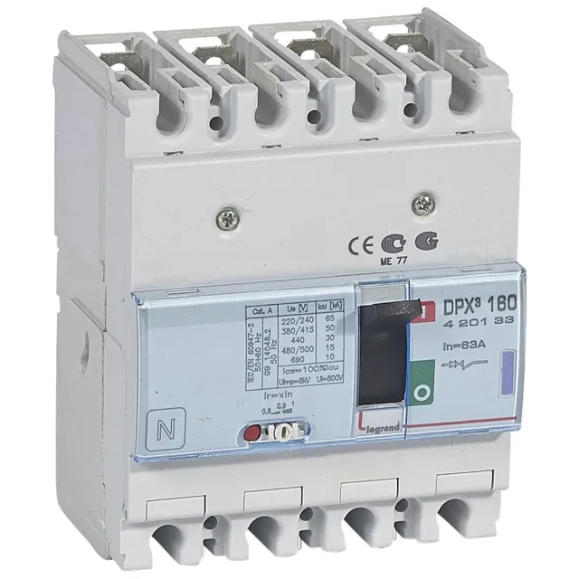 Disjoncteur magnétothermique DPX³160 pouvoir de coupure 50kA 400V~ – 4P – 63A — Legrand — 420133