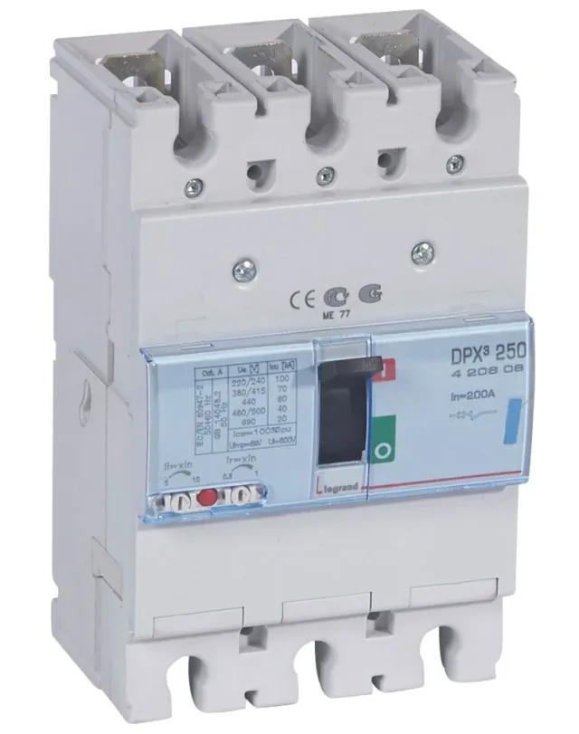 Disjoncteur magnétothermique DPX³250 pouvoir de coupure 70kA 400V~ – 3P – 200A — Legrand — 420608