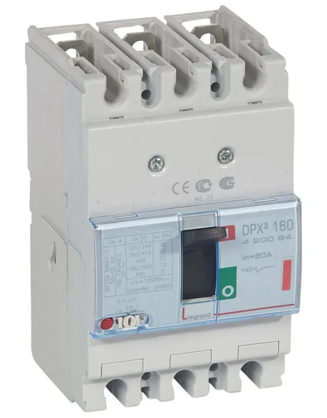 Legrand DPX³ 160 thermal-magnetic moulded-case circuit breaker — 80A, 3 poles, 36kA Icu at 400V, IP30 — 420084