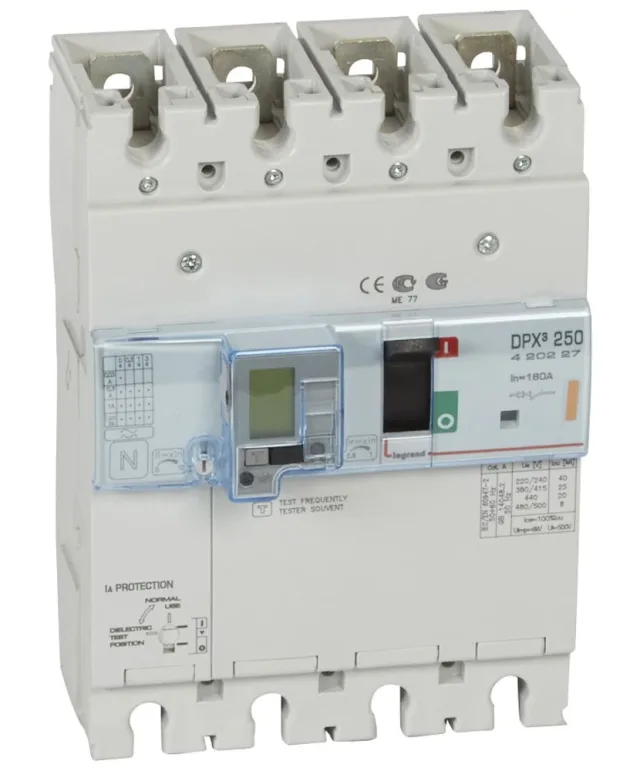 Legrand DPX³ 250 thermal-magnetic moulded-case circuit breaker — 160A, 4 poles, 25kA Icu at 400V, IP30 — 420227