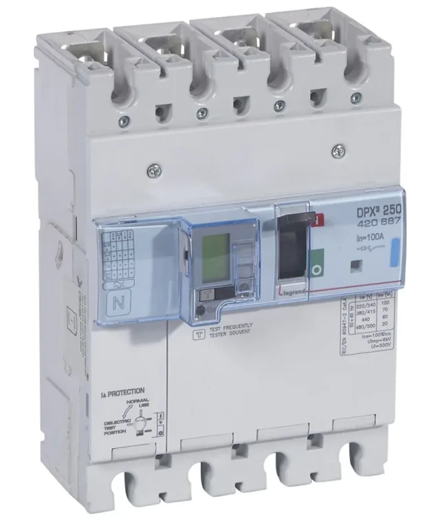 Legrand DPX³ 250 electronic moulded-case circuit breaker — 100A, 4 poles, 70kA Icu at 400V, IP30 — 420687