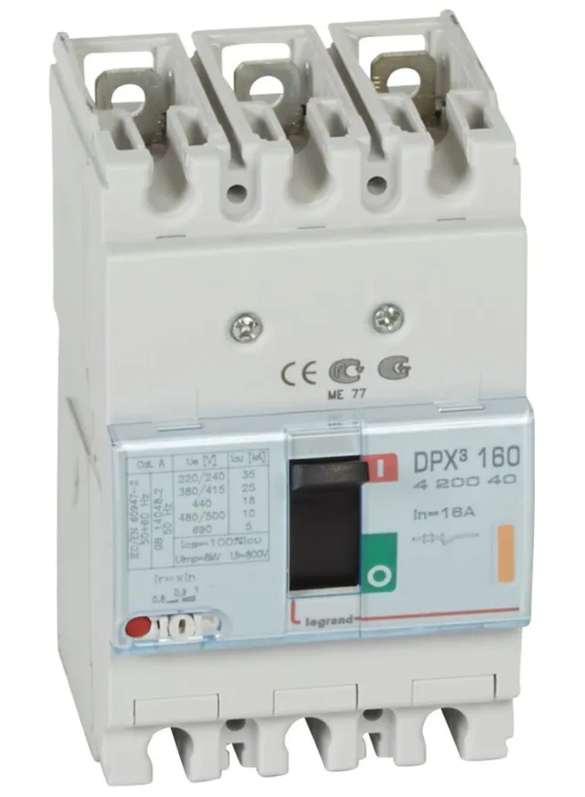 Legrand DPX³ 160 thermal-magnetic moulded-case circuit breaker — 16A, 3 poles, 25kA Icu at 400V, IP30 — 420040