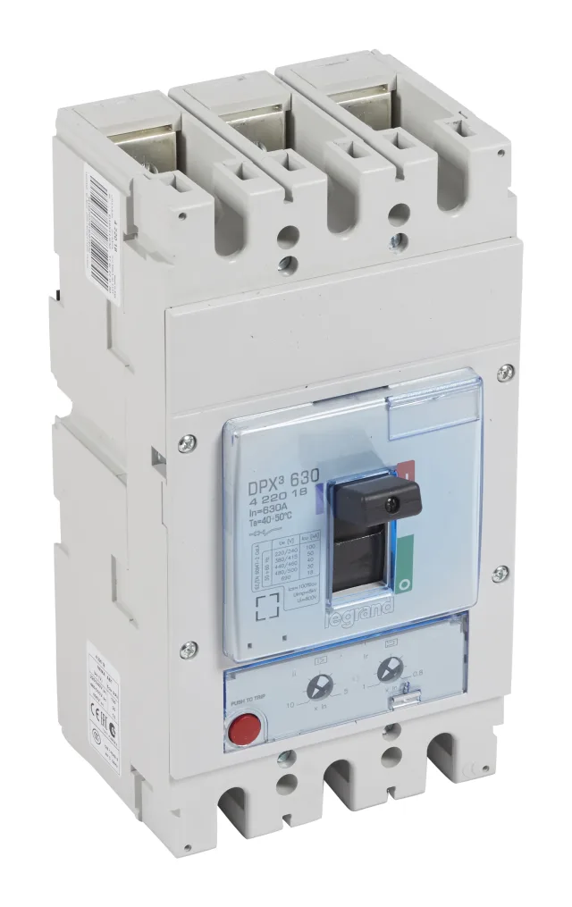 Legrand DPX³ 630 thermal-magnetic moulded-case circuit breaker — 630A, 3 poles, 50kA Icu at 400V, IP30 — 422018