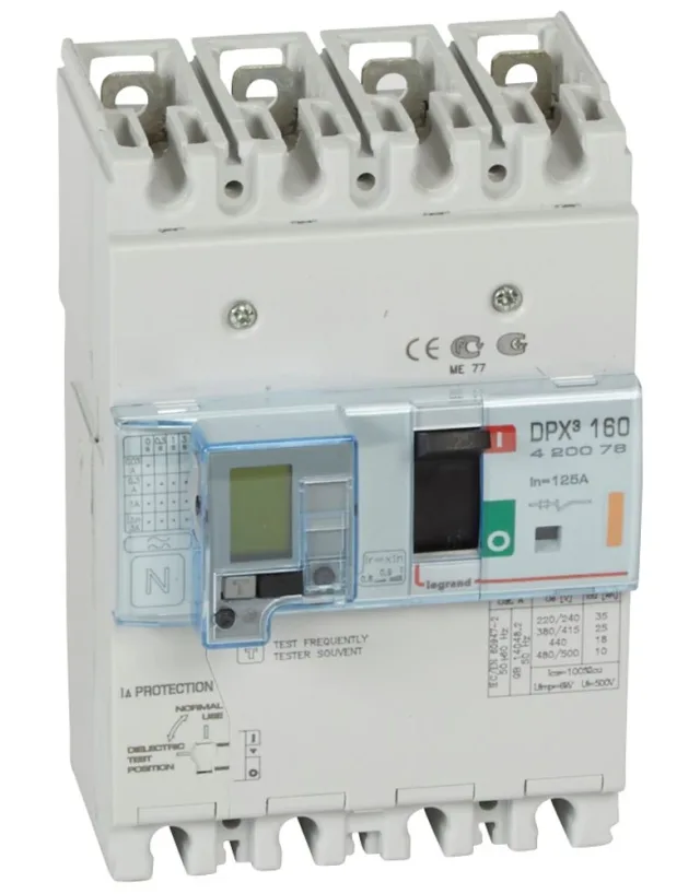 Legrand DPX³ 160 thermal-magnetic moulded-case circuit breaker — 125A, 4 poles, 25kA Icu at 400V, IP30 — 420076