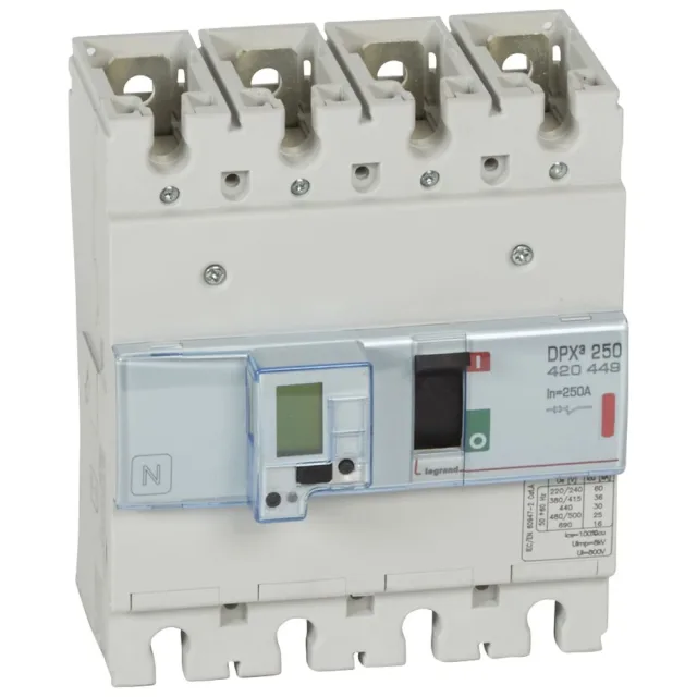 Legrand DPX³ 250 electronic moulded-case circuit breaker — 250A, 4 poles, 36kA Icu at 400V, IP30 — 420449