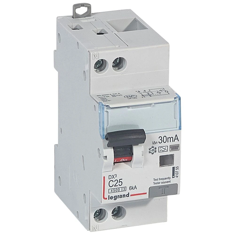 Disjoncteur différentiel DX³4500 arrivée haute et départ bas à vis U+N 230V~ - 25A typeF 30mA - courbe C - 2 modules — Legrand