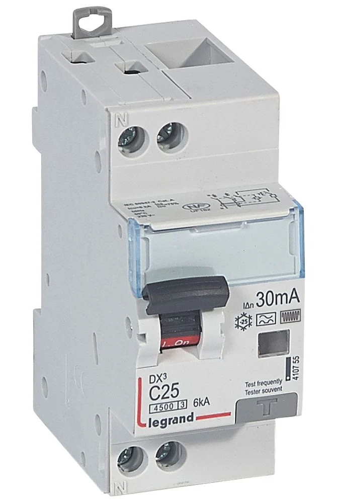 Disjoncteur différentiel DX³4500 arrivée haute et départ bas à vis U+N 230V~ - 25A typeF 30mA - courbe C - 2 modules — Legrand