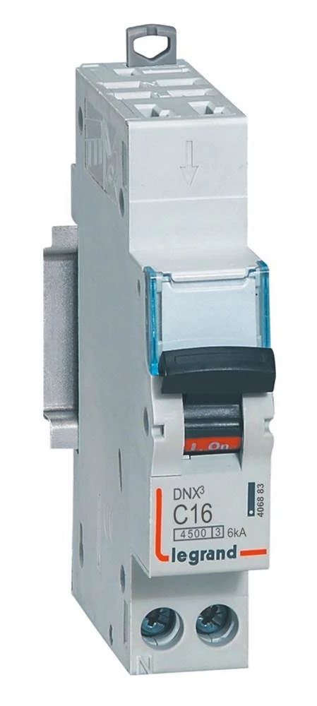 Disjoncteur Phase+Neutre DNX³4500 6kA arrivée borne automatique sortie borne à vis - 1P+N 230V~ 16A courbe C - 1 module — Legrand