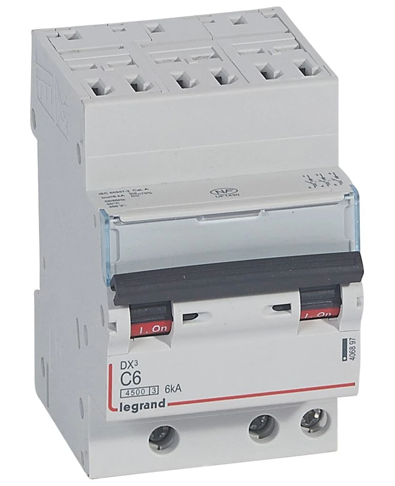 Disjoncteur DX³4500 6kA arrivée haute par bornes automatiques sortie basse par bornes à vis - tripolaire 400V~ 6A courbe C - 3 modules — Legrand